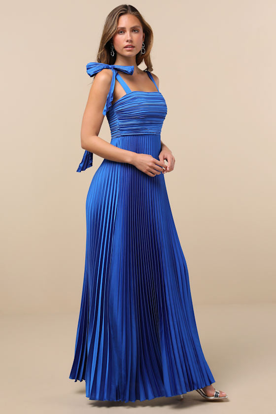 Gorgeous Purpose Pink Satin Pleated Sleeveless Bow Maxi Dress