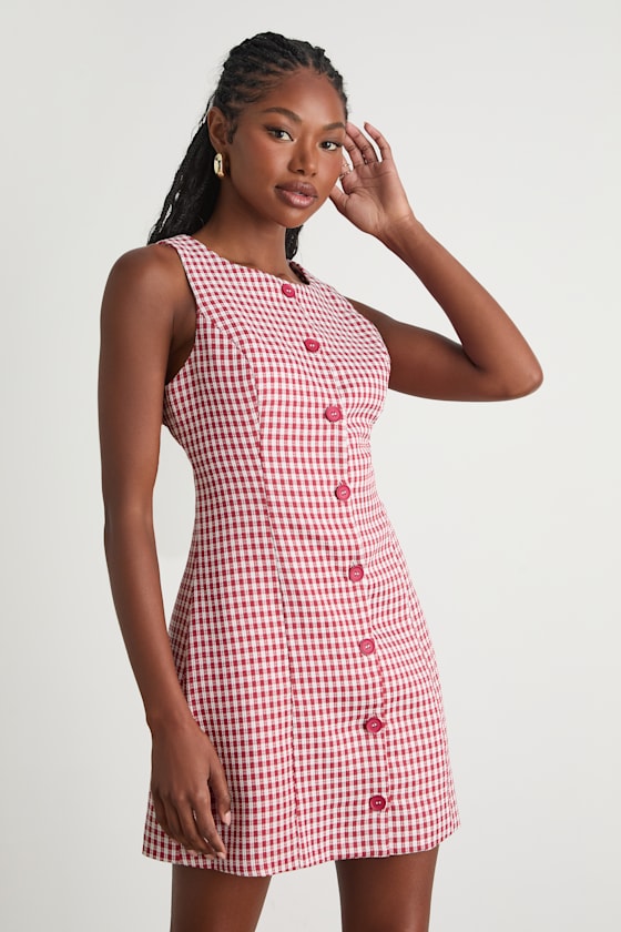 Aloriana Red Gingham Tweed Button-Front Mini Dress