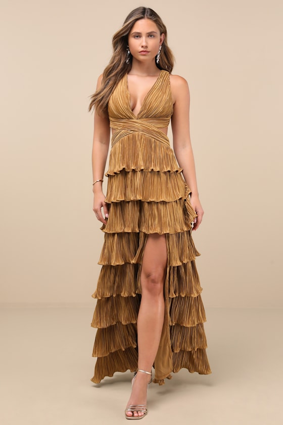 Beauty Icon Pink Satin Pleated Tiered Lace-Up Maxi Dress