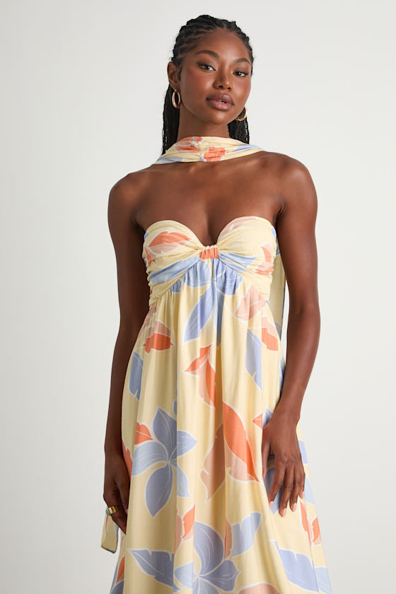 Kelia Light Yellow Leaf Print Midi Dress and Scarf Set