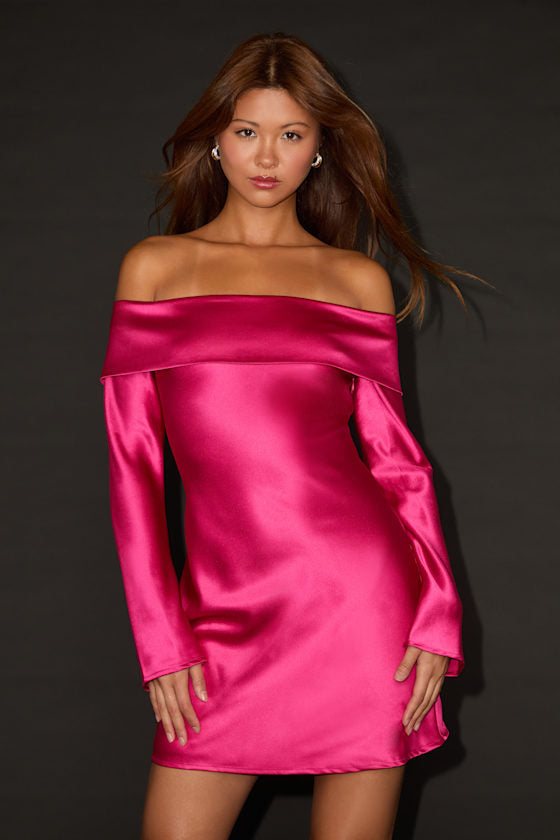 Luxurious Vision Brown Satin Off-the-Shoulder Mini Dress