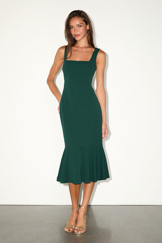 Moment Maker Black Square Neck Trumpet Midi Dress