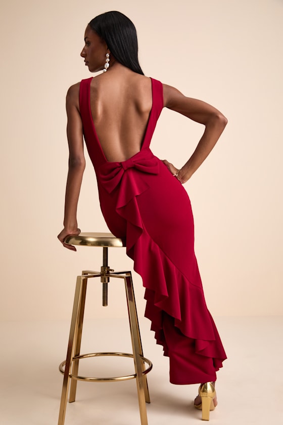 Exquisite Refinement Ivory Backless Bow Ruffled Maxi Dress