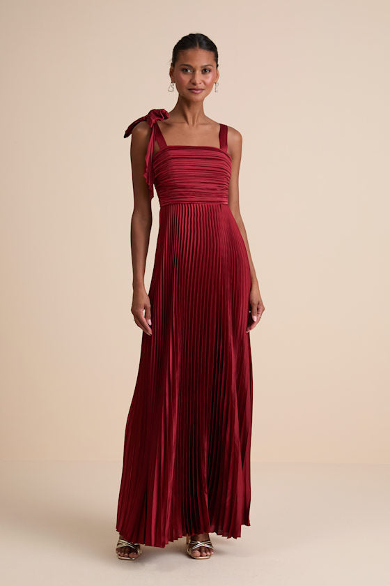 Gorgeous Purpose Pink Satin Pleated Sleeveless Bow Maxi Dress