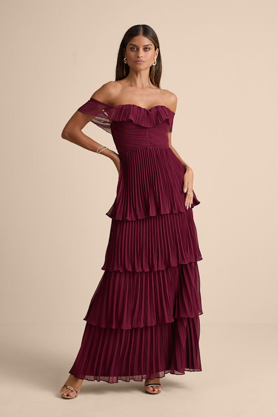 Always Remarkable Rusty Rose Pleated Off-the-Shoulder Maxi Dress