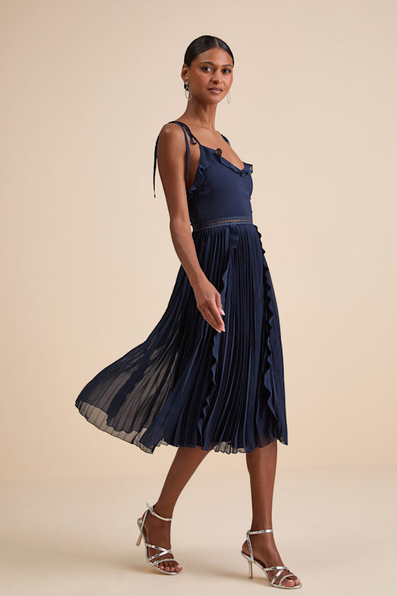 Never a Dull Moment Black Tie-Strap Pleated Midi Dress