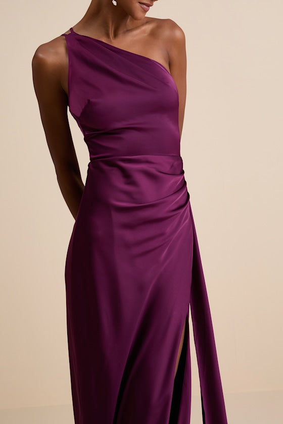 Signature Elegance Rose Satin One-Shoulder Maxi Dress
