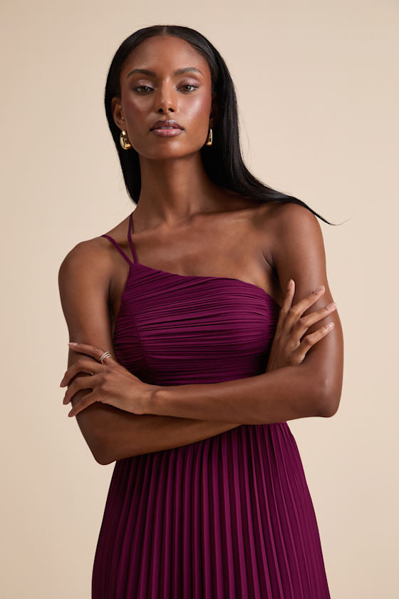 Wondrous Muse Rusty Rose Pleated One-Shoulder Midi Dress