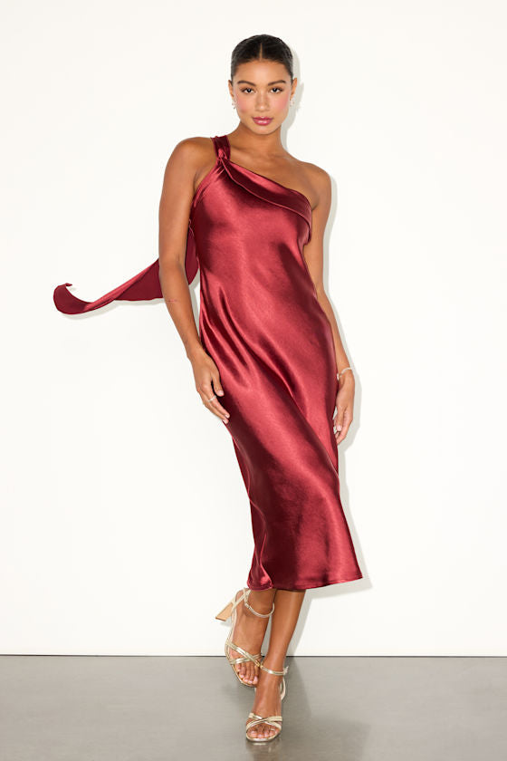 Naima Turquoise Satin One-Shoulder Midi Dress