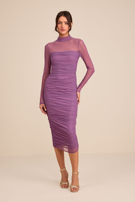 Impressive Flirt Slate Blue Mesh Ruched Mock Neck Midi Dress