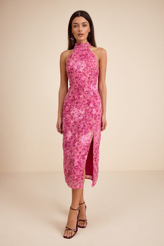Lana Fuchsia Floral Jacquard Halter Midi Dress