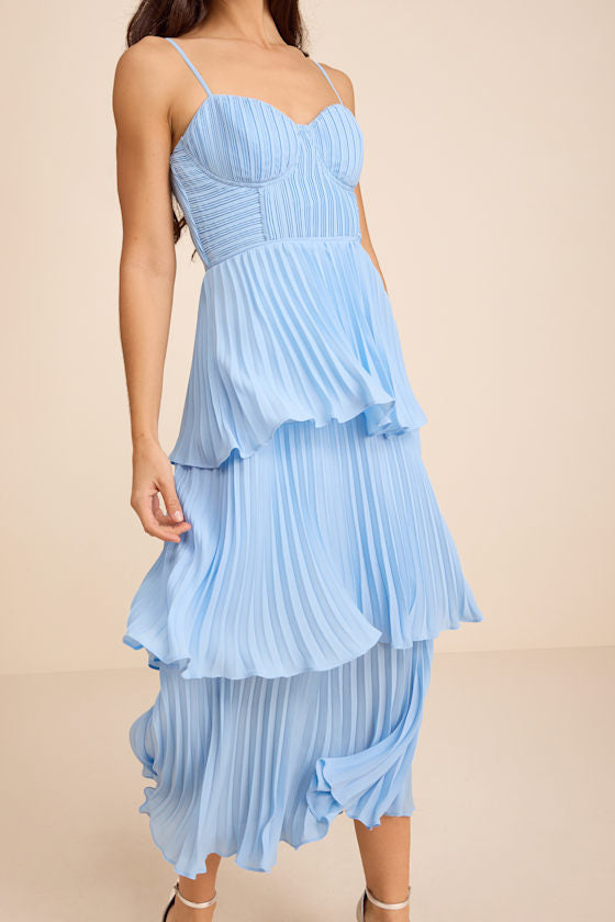 Cascading Crush Blush Pink Tiered Bustier Midi Dress