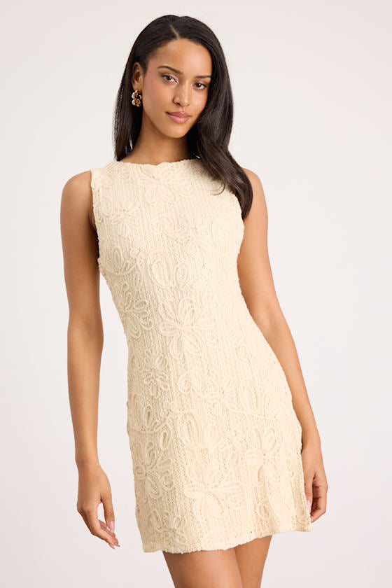 Fenicia Cream Abstract Floral Embroidered Mini Dress