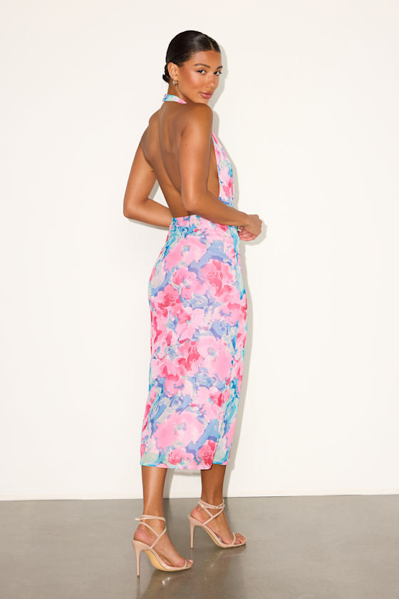Venus Brown Mesh Backless Midi Dress