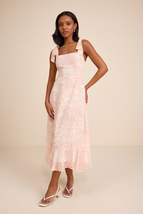 Summer Invite White and Blue Toile Tie-Strap Tiered Midi Dress