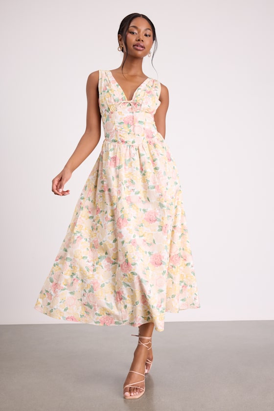 Lettie Red Poplin Plunge Neck Midi Dress