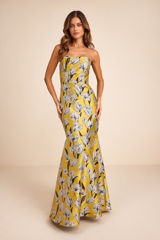Gowning Around Sage Floral Jacquard Strapless Maxi Dress
