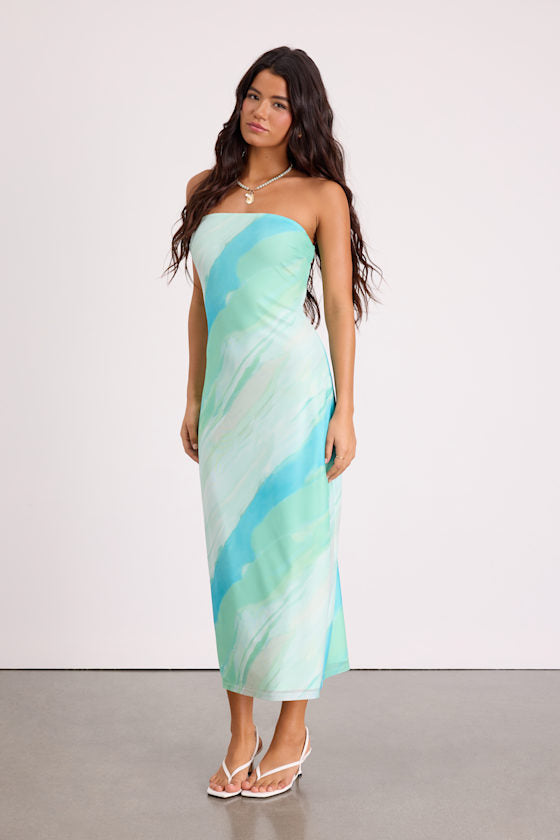 Jaylah Brown Polka Dot Mesh Strapless Midi Dress