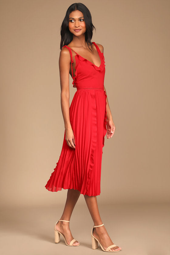 Never a Dull Moment Black Tie-Strap Pleated Midi Dress