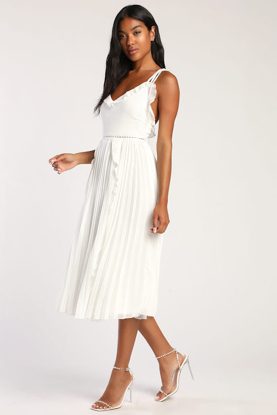 Never a Dull Moment Bright Red Tie-Strap Pleated Midi Dress
