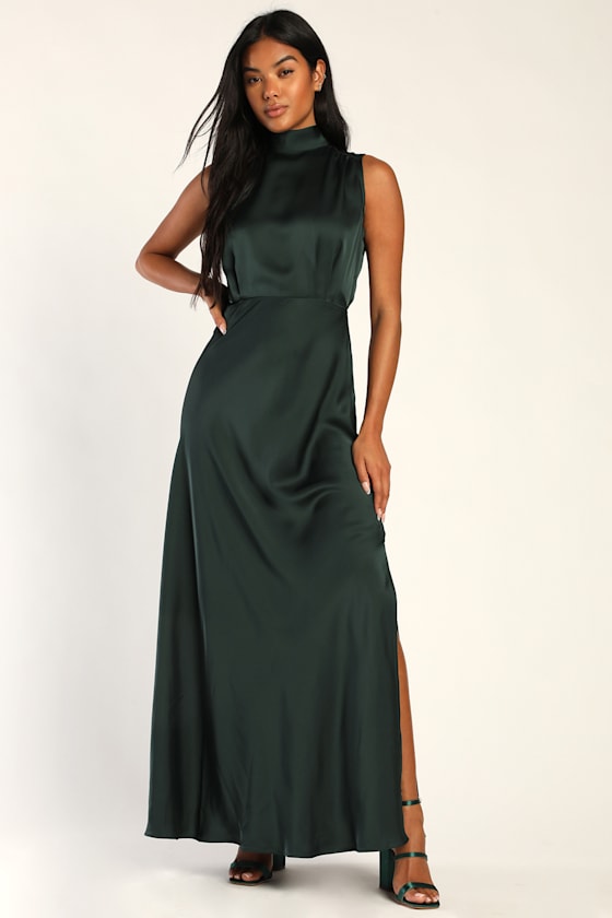 Classic Elegance Olive Satin Sleeveless Mock Neck Maxi Dress
