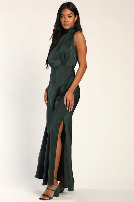 Classic Elegance Navy Satin Sleeveless Mock Neck Maxi Dress