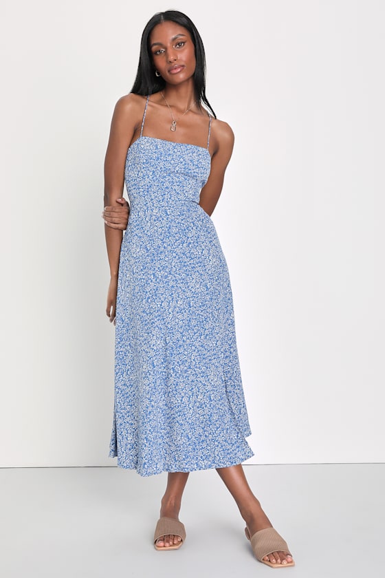 Charming Dedication Blue Floral Sleeveless Lace-Up Midi Dress