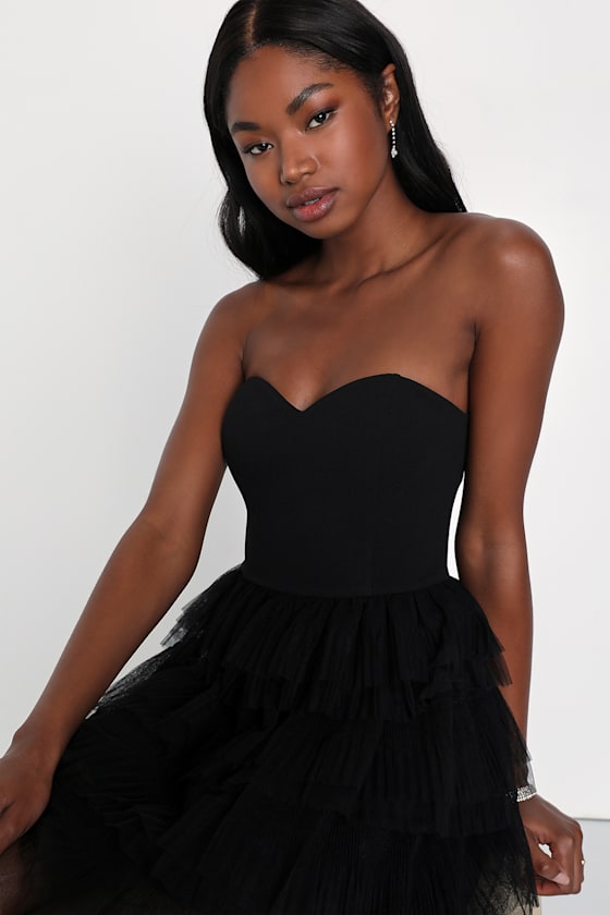 Fabulous Thoughts Black Tulle Strapless Tiered Mini Dress