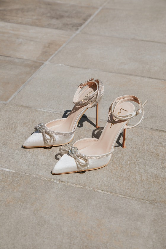 Lullie White Satin Rhinestone Ankle Strap Pointed-Toe Pumps