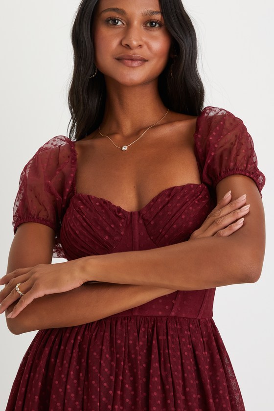 Sweet Amor Burgundy Tulle Swiss Dot Tiered Bustier Midi Dress