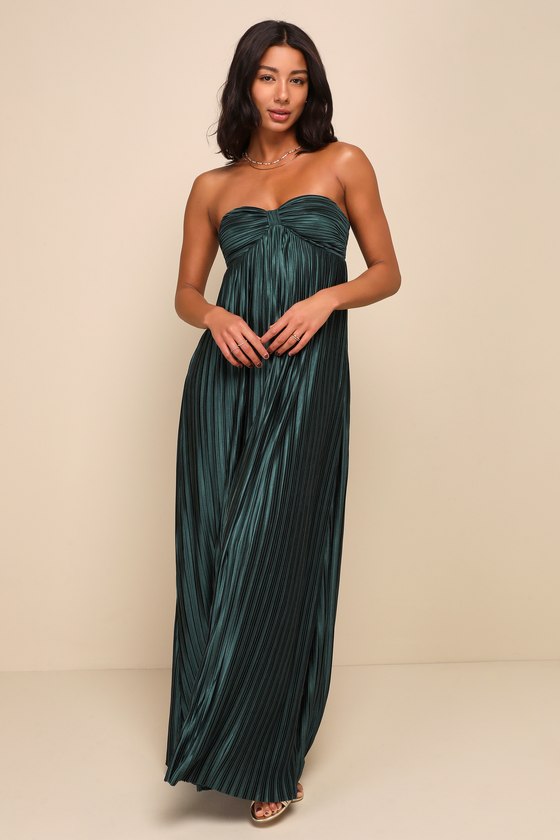 Whimsical Beauty Golden Yellow Satin Plisse Strapless Maxi Dress
