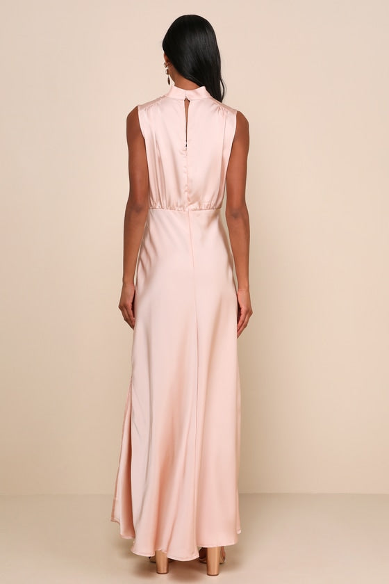 Classic Elegance Blush Satin Sleeveless Mock Neck Maxi Dress #Color_Blush