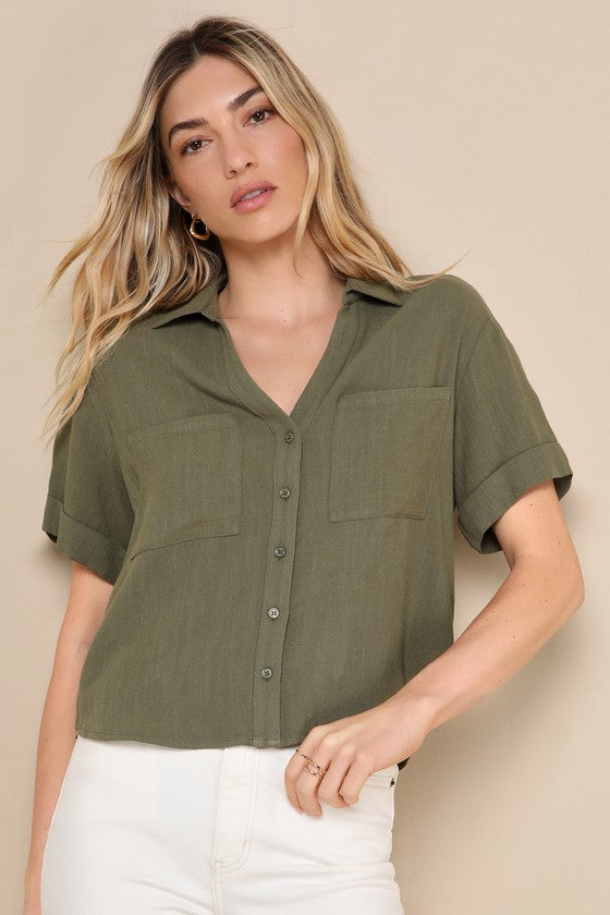 Summer Escapades Beige Linen Collared Button-Up Top