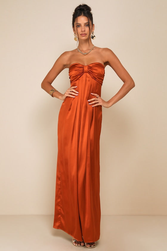 Memorable Entrance Olive Green Strapless Satin Maxi Dress