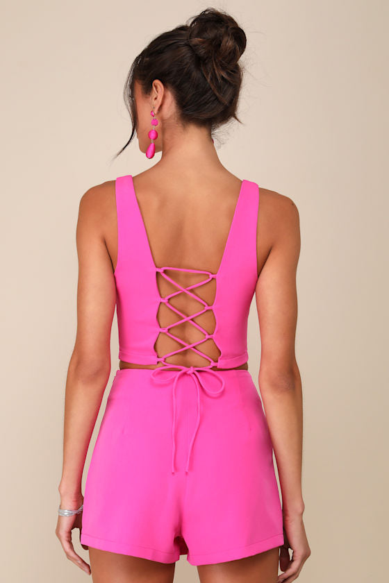 Exceptionally Styled Ivory Lace-Up Two-Piece Skort Romper