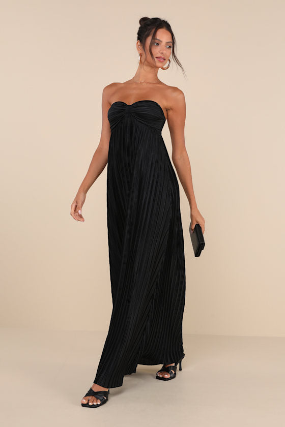 Whimsical Beauty Golden Yellow Satin Plisse Strapless Maxi Dress