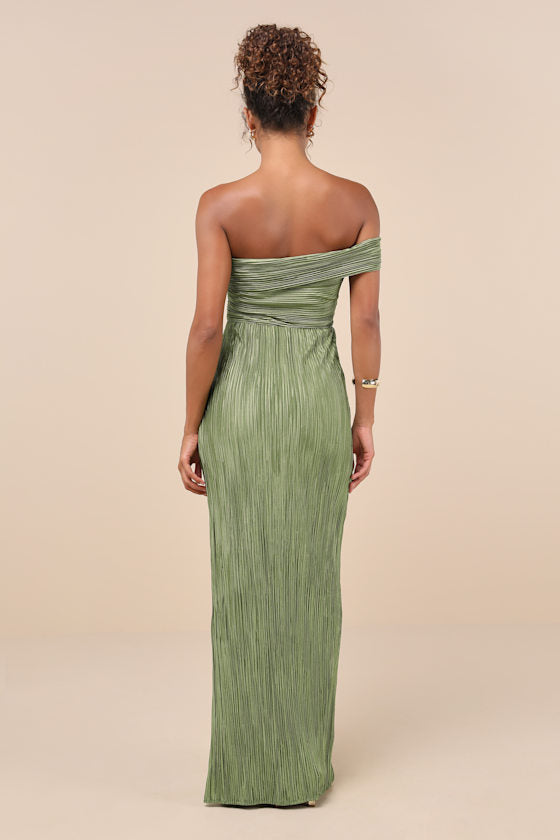 Poised Performance Blue Plisse One-Shoulder Maxi Dress