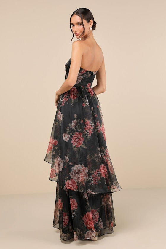 Truly Extraordinary Pink Floral Organza Strapless Maxi Dress