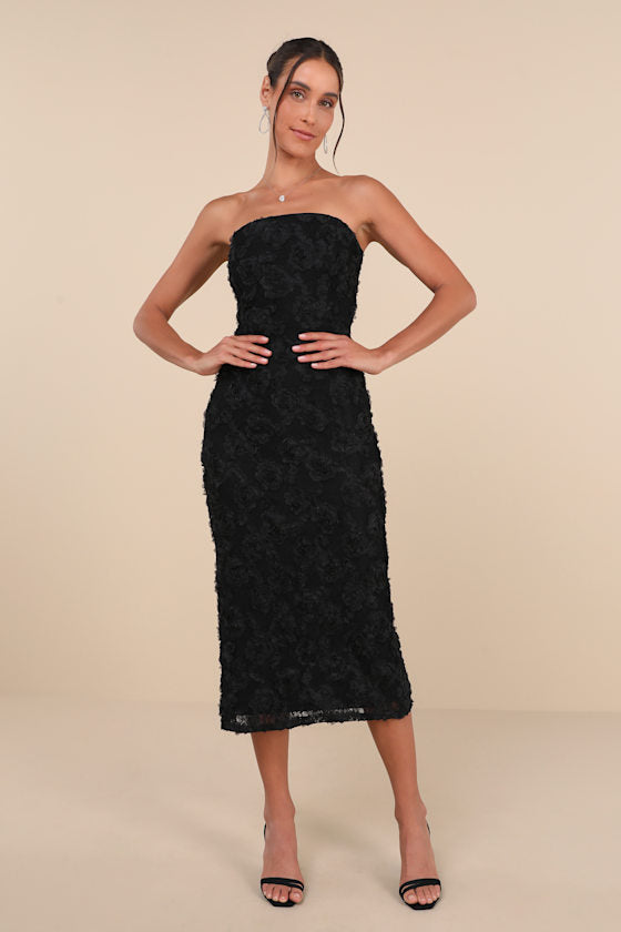 Flawless Perfection Emerald Floral Applique Strapless Midi Dress
