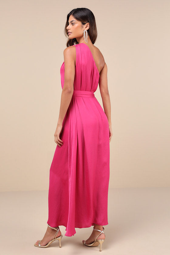 Goddess Aura Light Green Floral Satin One-Shoulder Maxi Dress