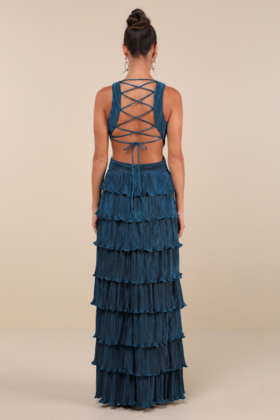 Beauty Icon Lavender Satin Pleated Tiered Lace-Up Maxi Dress