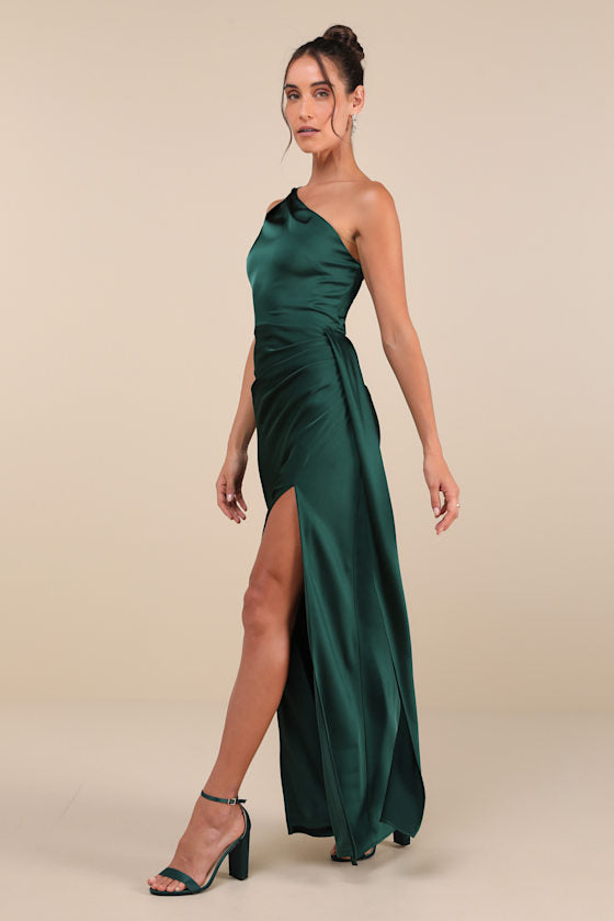 Signature Elegance Navy Satin One-Shoulder Maxi Dress