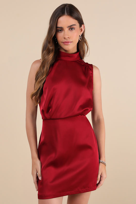 Classic Elegance Navy Satin Sleeveless Mock Neck Mini Dress
