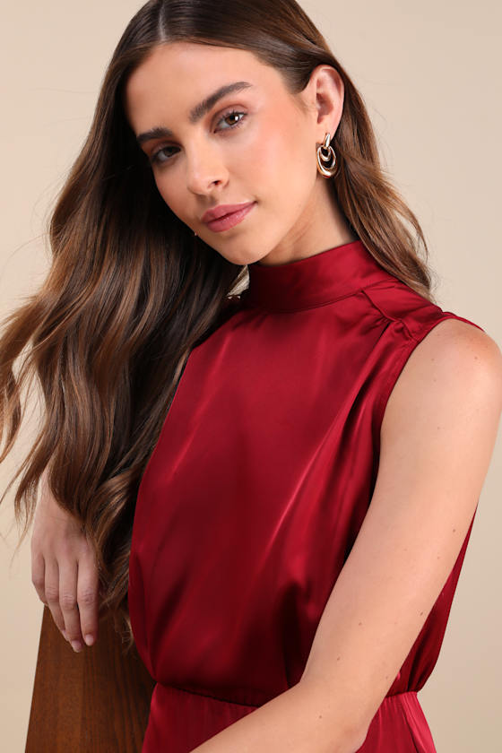 Classic Elegance Black Satin Sleeveless Mock Neck Mini Dress