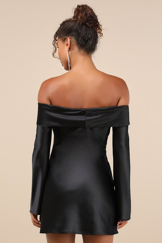 Luxurious Vision Olive Green Satin Off-the-Shoulder Mini Dress