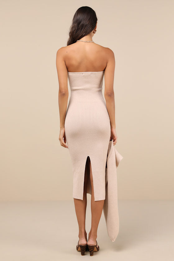 Autumn Aura Beige Ribbed Two-Piece Sweater Dress