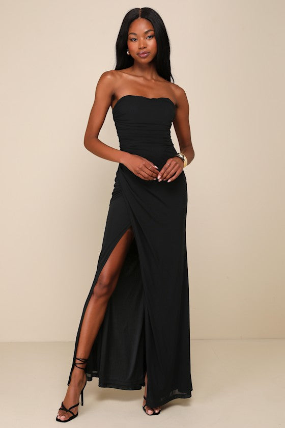 Epitome of Allure Bright Blue Mesh Strapless Ruched Maxi Dress