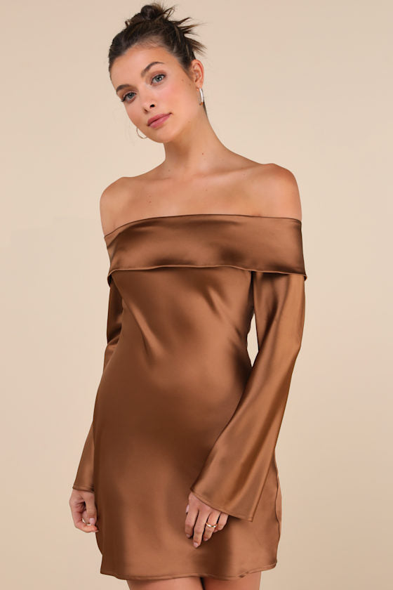 Luxurious Vision Berry Pink Satin Off-the-Shoulder Mini Dress