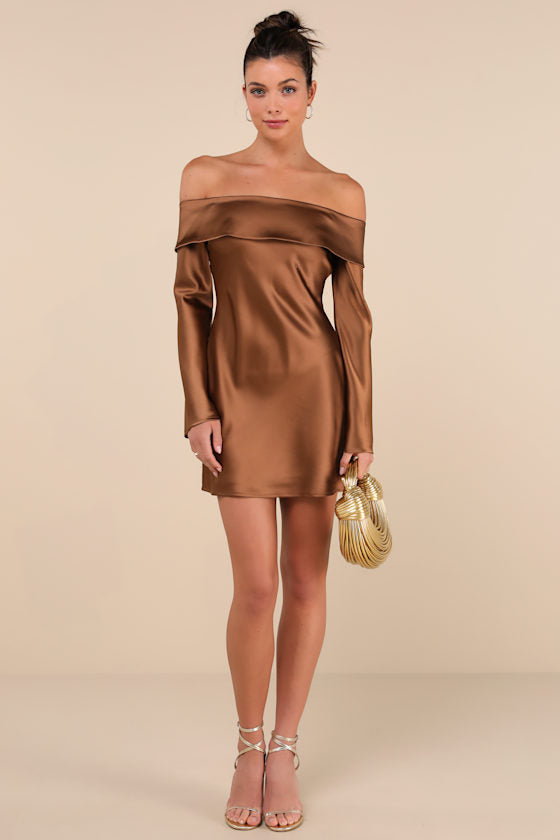 Luxurious Vision Brown Satin Off-the-Shoulder Mini Dress #Color_Brown