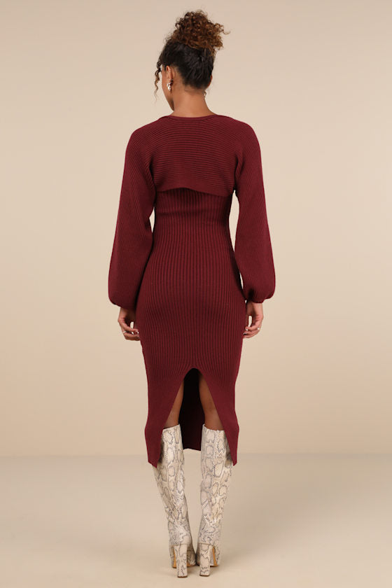 Autumn Aura Brown Ribbed Two-Piece Sweater Dress